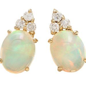 2.80 Carats Natural Opal and Diamond 14K Solid Yellow Gold Stud Earrings